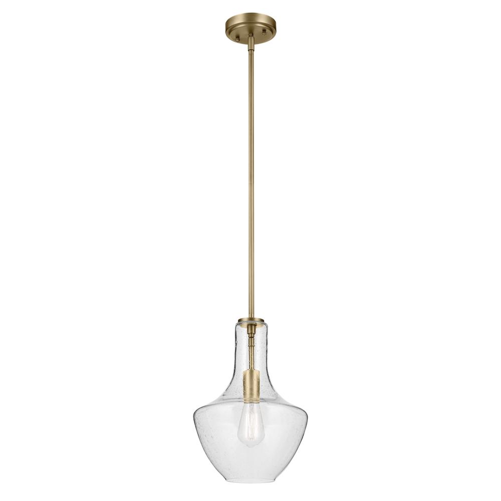 Everly 15.25&#34; 1-Light Bell Pendant with Clear Seeded Glass in Brushed Natural Brass