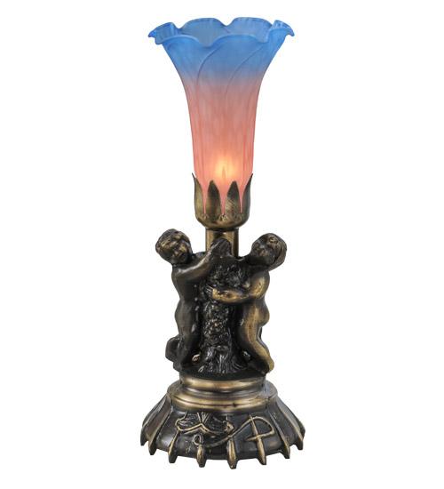 13&#34; High Pink/Blue Tiffany Pond Lily Twin Cherub Accent Lamp