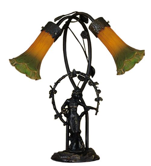 17&#34; High Amber/Green Tiffany Pond Lily 2 Light Trellis Girl Accent Lamp