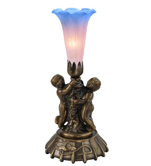 12&#34; High Pink/Blue Pond Lily Twin Cherub Mini Lamp