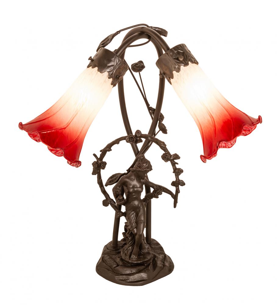 17&#34; High Red/White Pond Lily Tiffany Pond Lily 2 Light Trellis Girl Accent Lamp