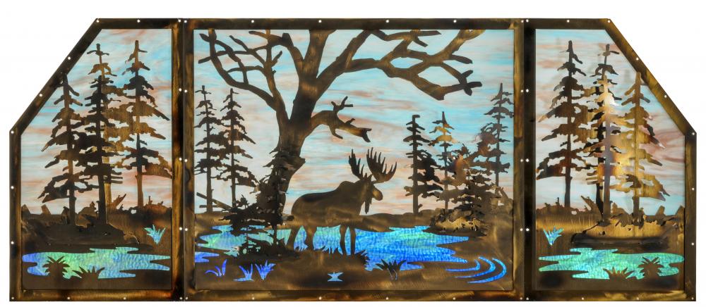 72&#34;W X 30&#34;H Moose at Lake 3 Panel Stained Glass Window