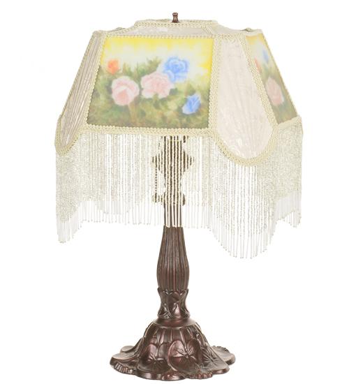 24&#34; High Reverse Painted Roses Fabric with Fringe Accent Lamp