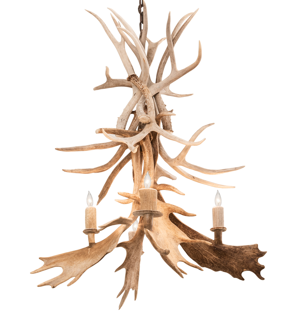 28&#34; Wide Antlers White Tail & Fallow Deer 4 Light Chandelier