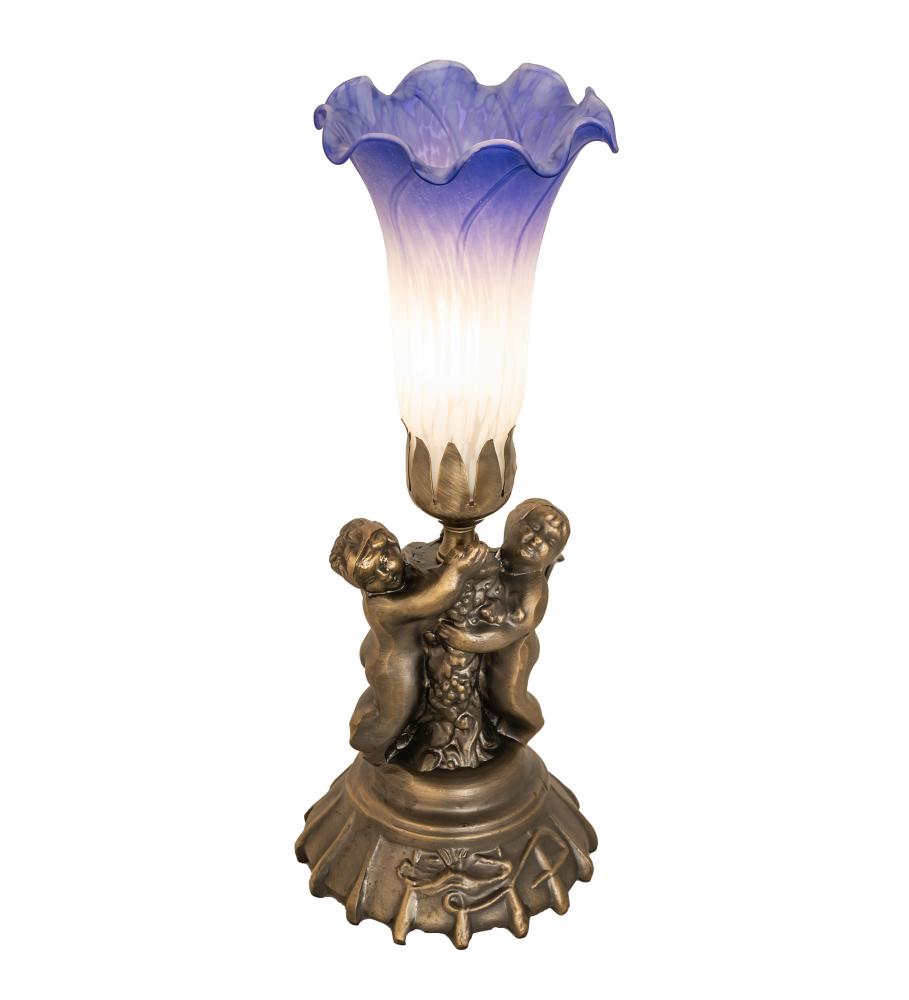 13&#34; High Blue/White Pond Lily Twin Cherub Mini Lamp