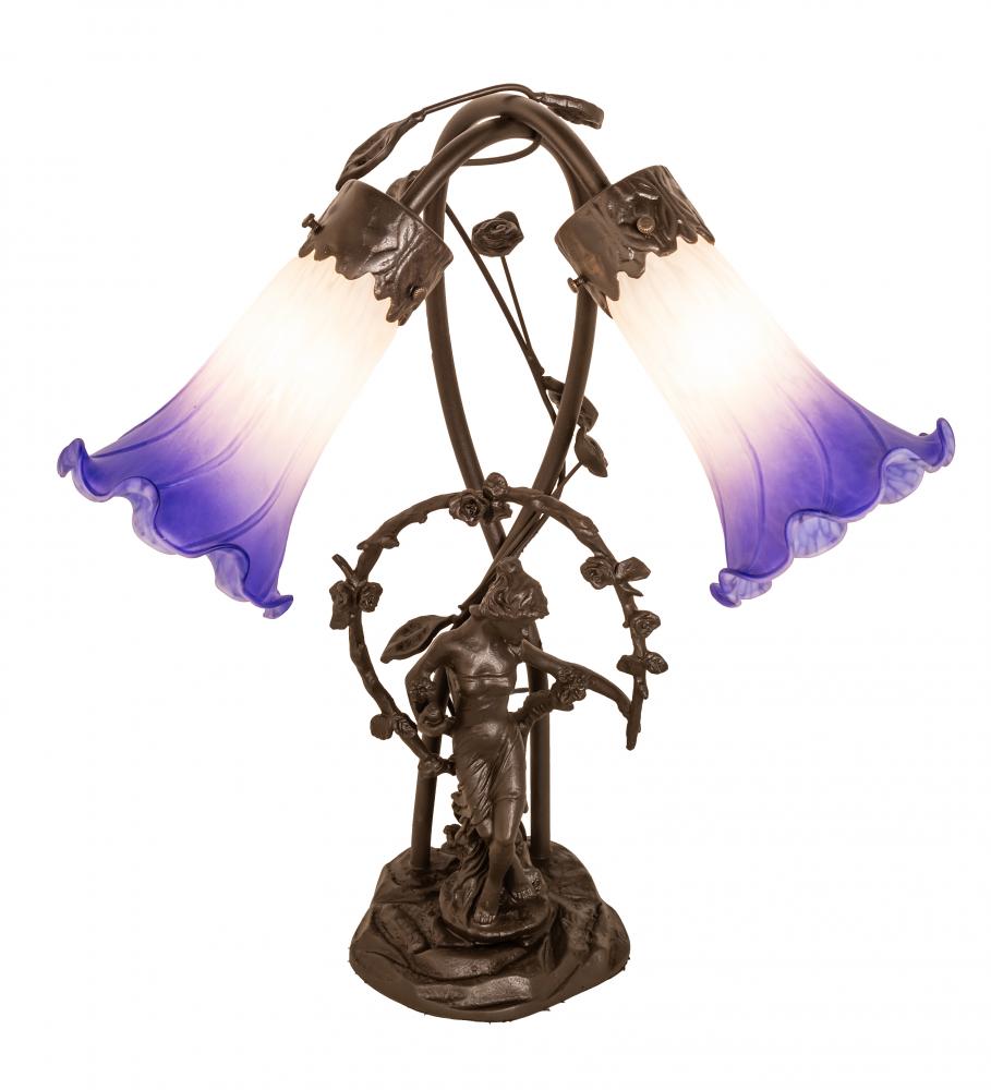 17&#34; High Blue/White Pond Lily 2 Light Trellis Girl Table Lamp