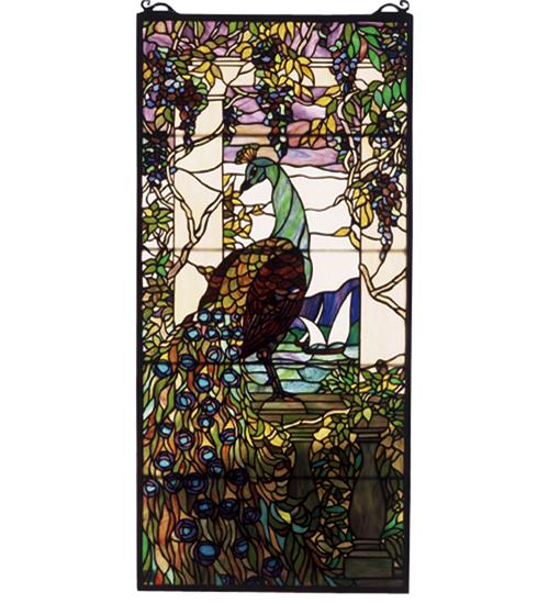 19&#34;W X 40&#34;H Tiffany Peacock Wisteria Stained Glass Window