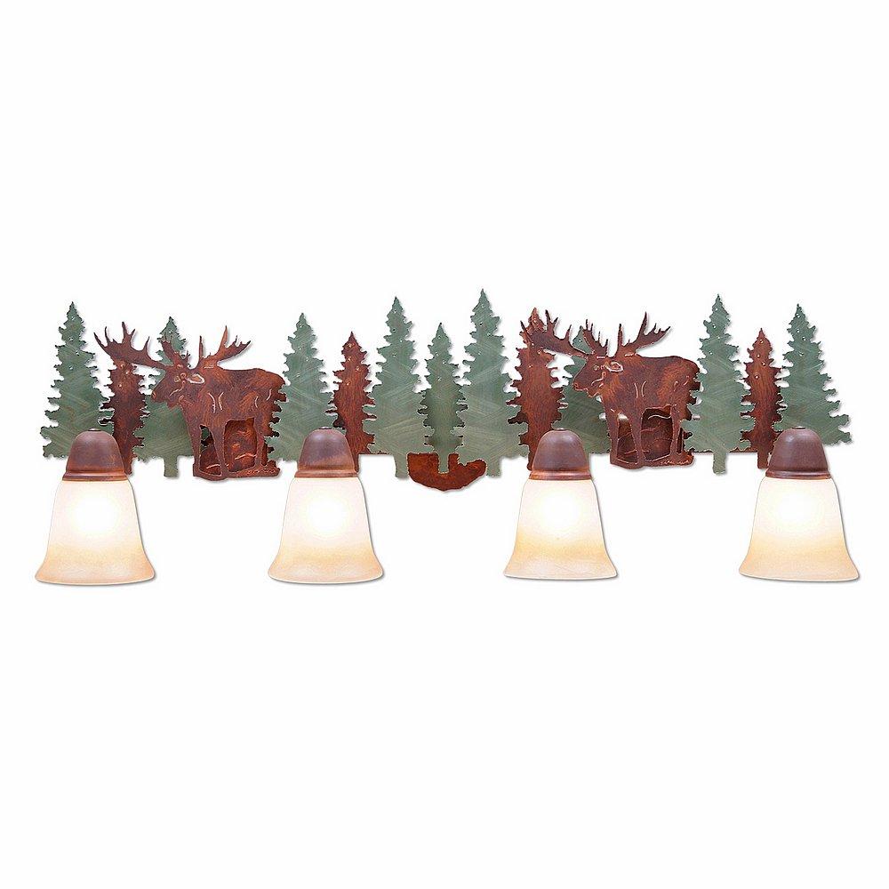 Lakeside Quad Bath Vanity Light - Moose - Two-Toned Amber Cream Bell Glass - Pine Tree Green