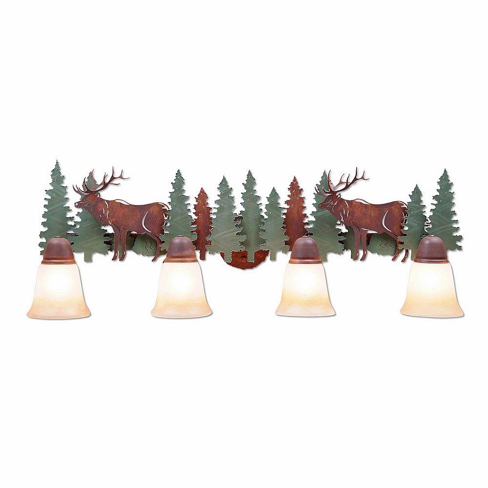 Lakeside Quad Bath Vanity Light - Elk - Two-Toned Amber Cream Bell Glass - Pine Tree Green