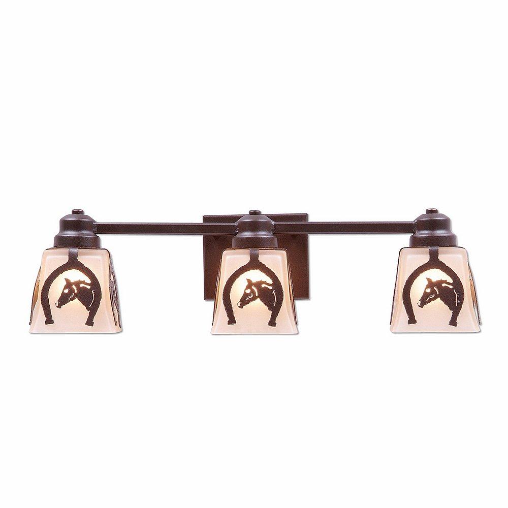 Woodland Triple Bath Vanity Light - Horse Horseshoe - Tea Stain Glass Bowl