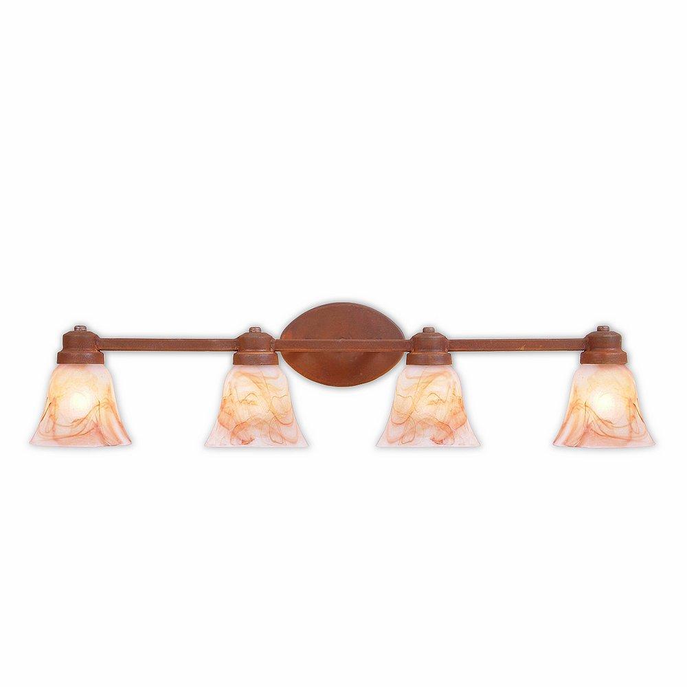 Sienna Quad Bath Vanity Light - Rustic Plain - Marbled Amber Swirl Bell Glass - Rust Patina Finish