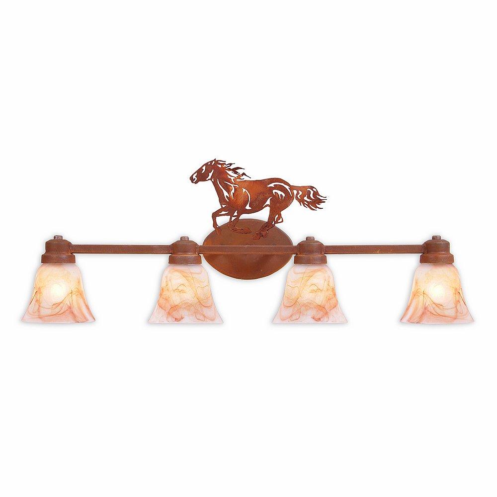 Sienna Quad Bath Vanity Light - Horse - Marbled Amber Swirl Bell Glass - Rust Patina Finish