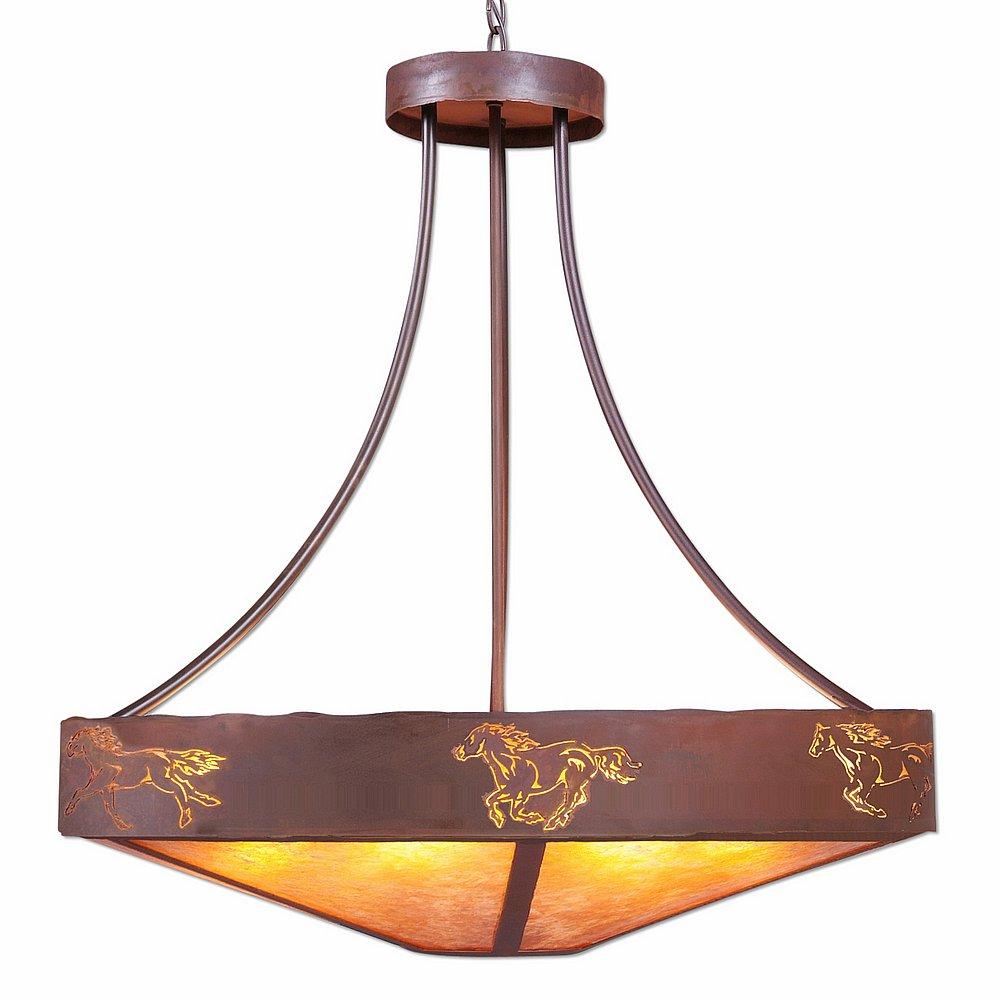 Ridgemont Chandelier Large - Shade Bottom - Horse Cutout - Amber Mica Shade - Rust Patina Finish