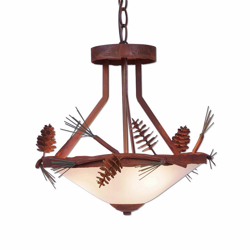 Wisley Foyer Chandelier - Pine Cone - Frosted Glass Bowl - Pine Tree Green-Rust Patina base Finish