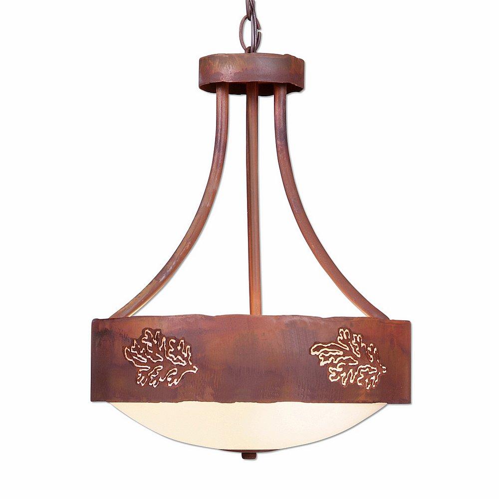 Ridgemont Foyer Chandelier Medium - Cedar Bough Cutout - Frosted Glass Bowl - Rust Patina Finish