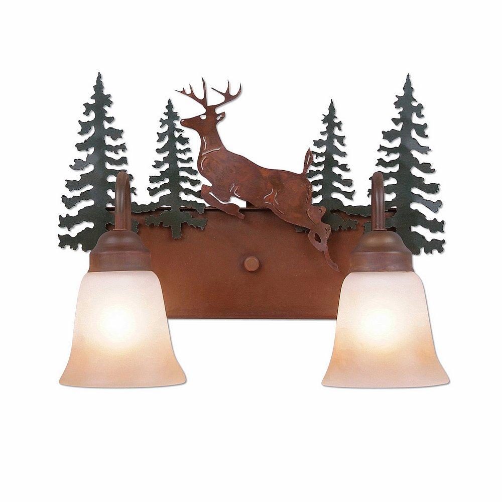 Wasatch Double Bath Vanity Light - Valley Deer - Two-Toned Amber Cream Bell Glass - Cedar Green