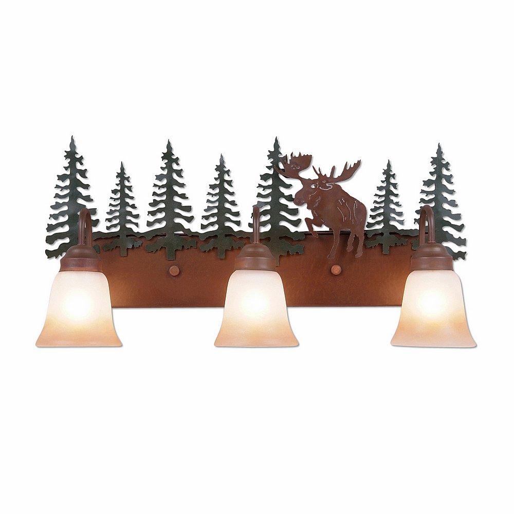 Wasatch Triple Bath Vanity Light - Alaska Moose - Two-Toned Amber Cream Bell Glass - Cedar Green