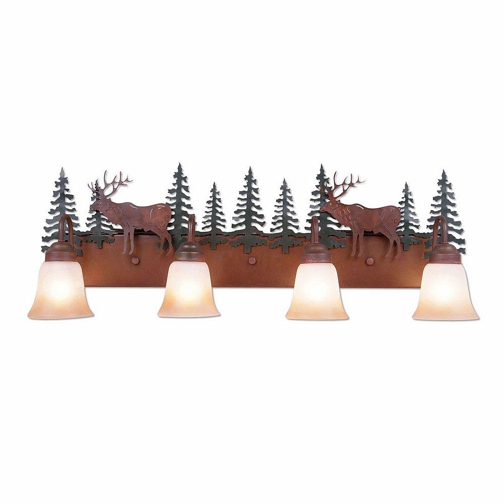 Wasatch Quad Bath Vanity Light - Valley Elk - Two-Toned Amber Cream Bell Glass - Cedar Green