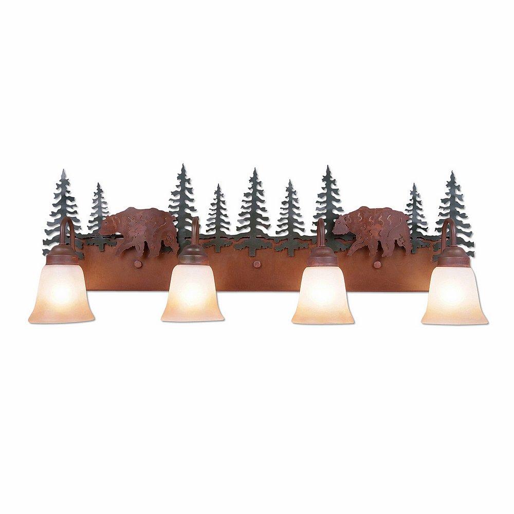 Wasatch Quad Bath Vanity Light - Bear - Two-Toned Amber Cream Bell Glass - Cedar Green