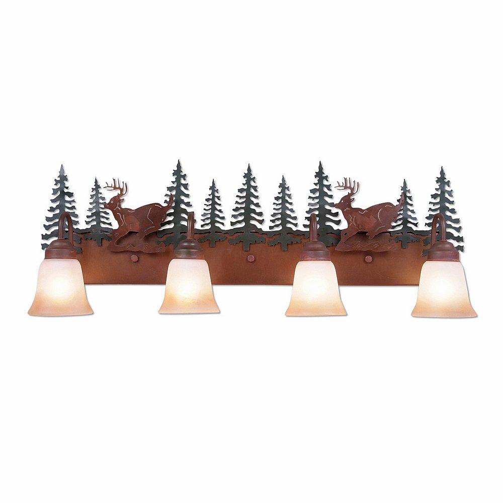 Wasatch Quad Bath Vanity Light - Mountain Deer - Two-Toned Amber Cream Bell Glass - Cedar Green