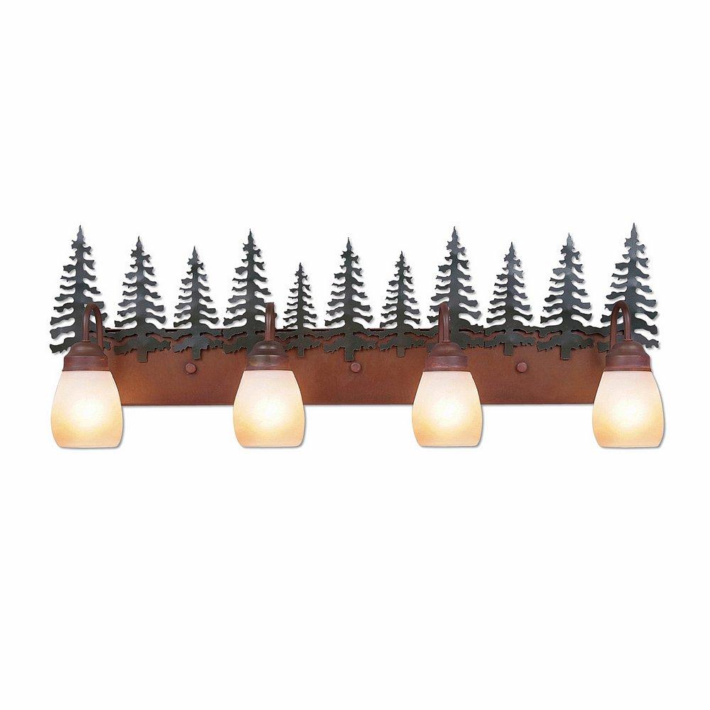 Wasatch Quad Bath Vanity Light - Cedar Tree - Two-Toned Amber Egg Bell Glass - Cedar Green