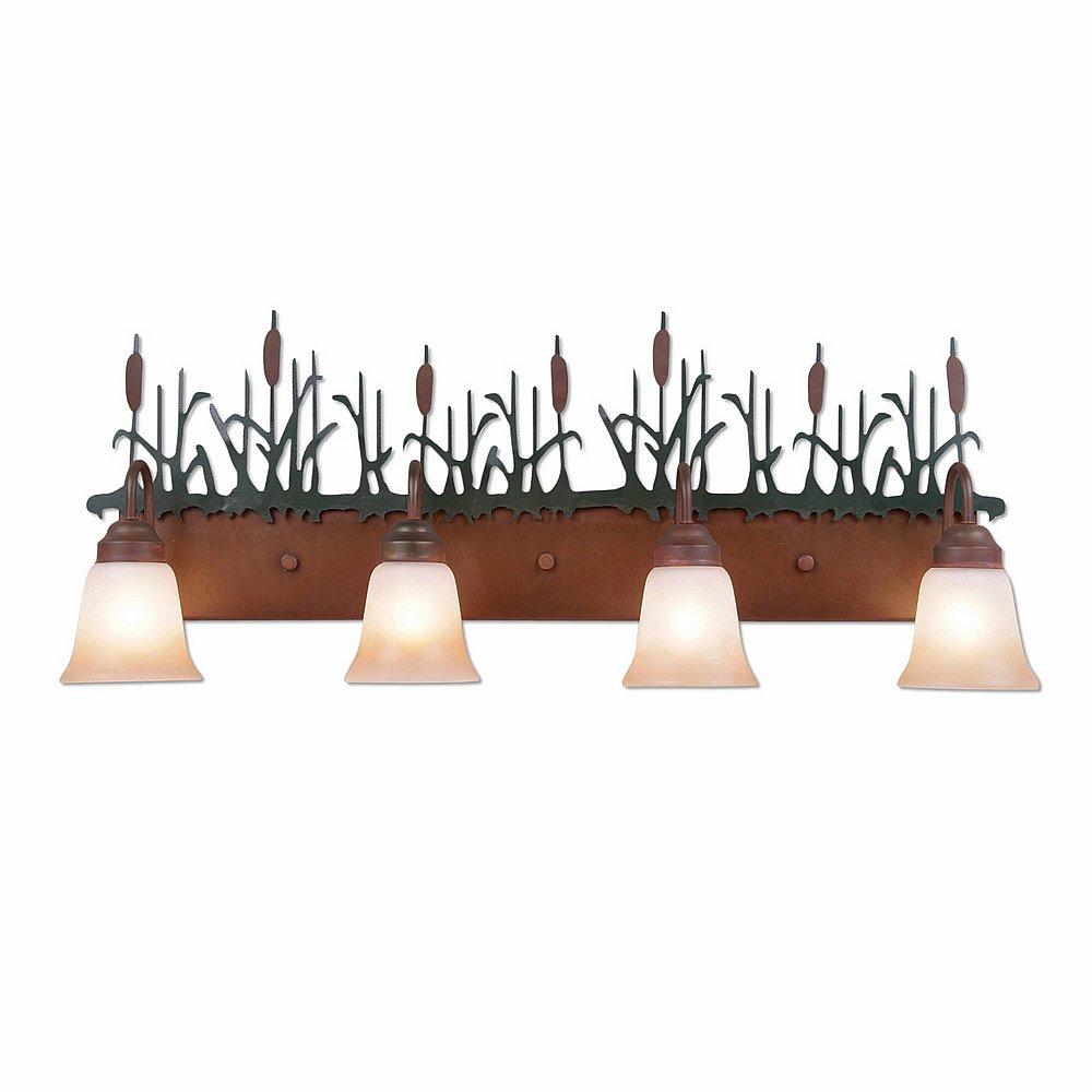 Wasatch Quad Bath Vanity Light - Cattails - Two-Toned Amber Cream Bell Glass - Cedar Green