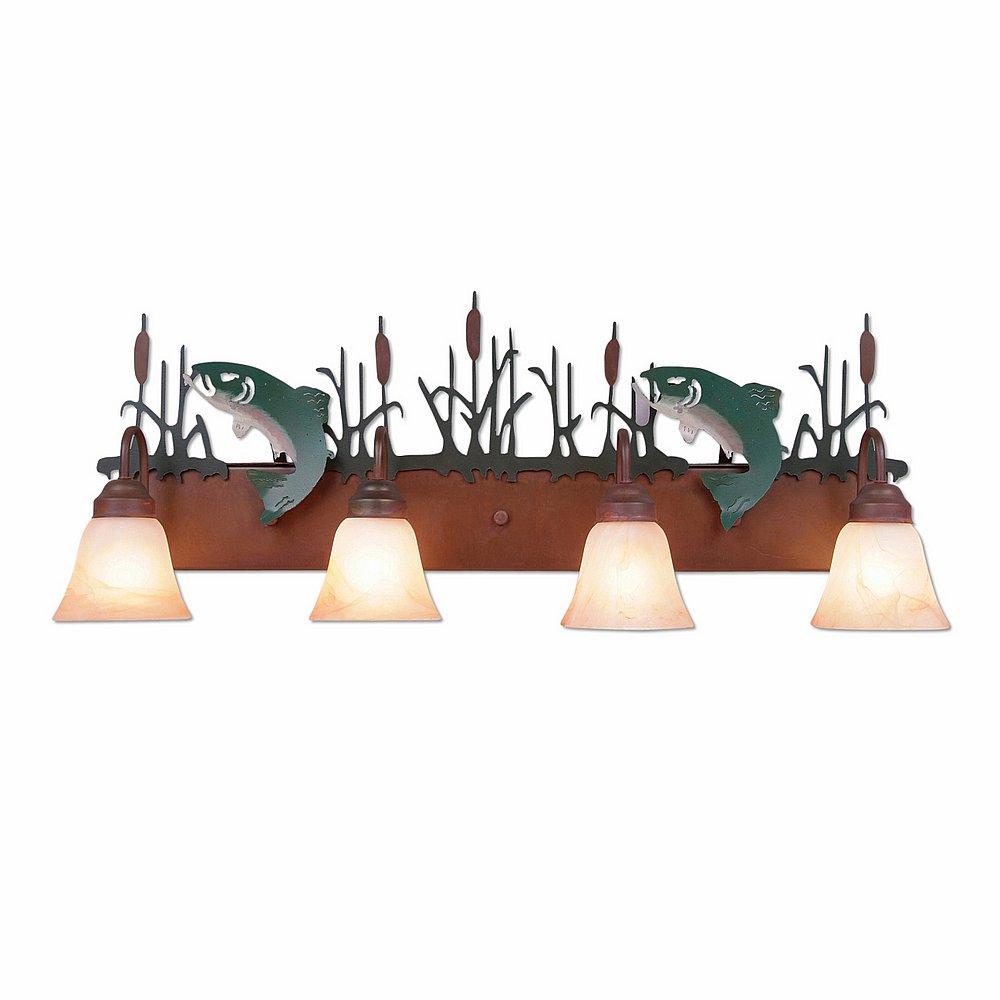 Wasatch Quad Bath Vanity Light - Trout - Marbled Amber Swirl Bell Glass - Fish Stain