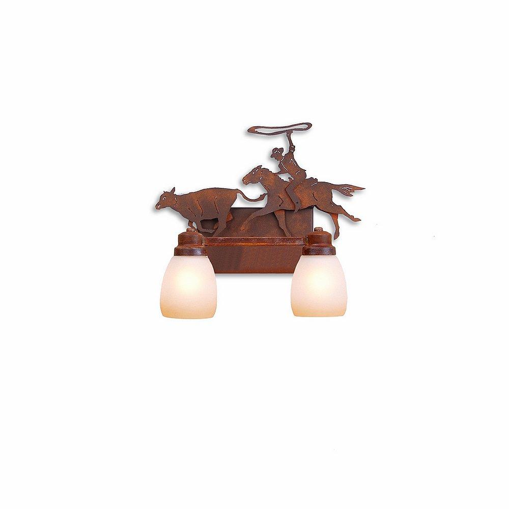 Parkshire Double Bath Vanity Light - Roping Cowboy - Two-Toned Amber Egg Bell Glass