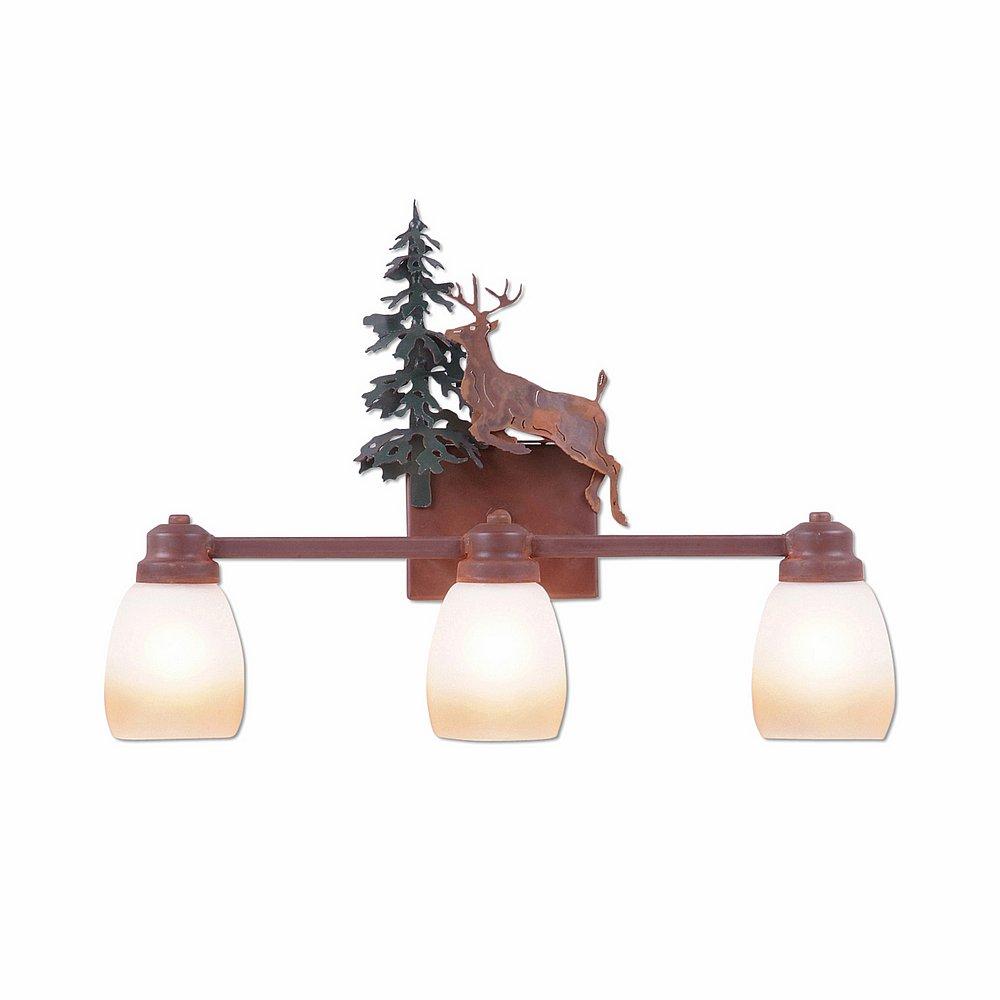 Parkshire Triple Bath Vanity Light - Valley Deer - Two-Toned Amber Egg Bell Glass - Cedar Green