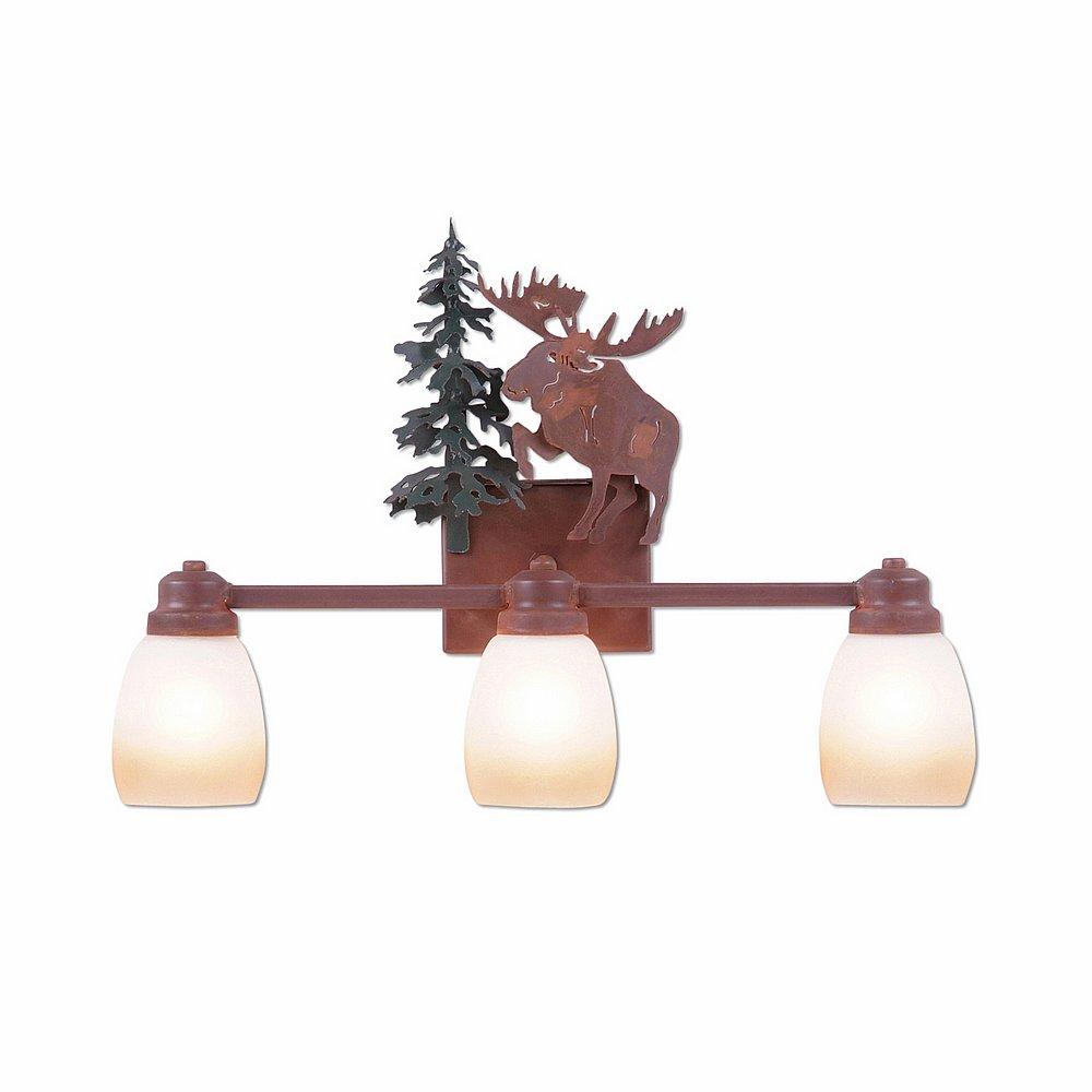 Parkshire Triple Bath Vanity Light - Alaska Moose - Two-Toned Amber Egg Bell Glass - Cedar Green