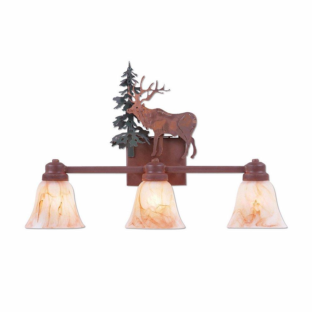 Parkshire Triple Bath Vanity Light - Valley Elk - Marbled Amber Swirl Bell Glass - Cedar Green