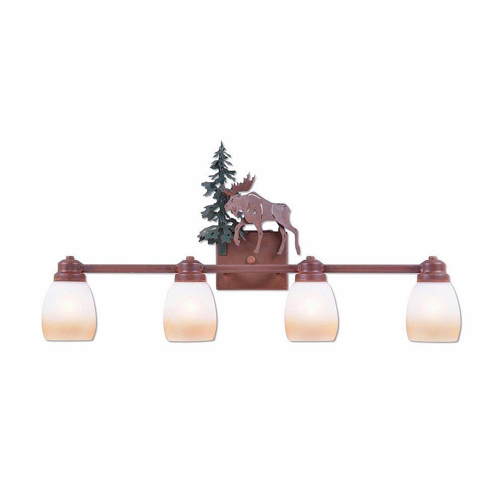 Parkshire Quad Bath Vanity Light - Mountain Moose - Two-Toned Amber Egg Bell Glass - Cedar Green