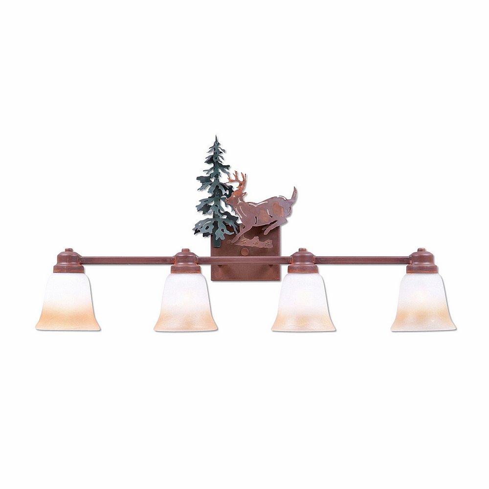 Parkshire Quad Bath Vanity Light - Mountain Deer - Two-Toned Amber Cream Bell Glass - Cedar Green