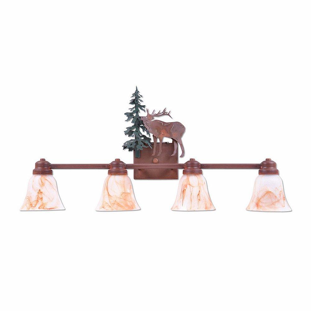 Parkshire Quad Bath Vanity Light - Mountain Elk - Marbled Amber Swirl Bell Glass - Cedar Green