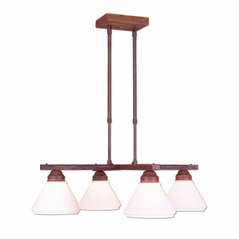 Cedarwood Chandelier 4 light - Rustic Plain - Opal White Cone Glass - Rust Patina Finish