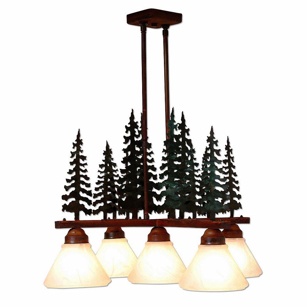 Cedarwood Chandelier 5 light - Cedar Tree - Opal White Cone Glass - Cedar Green