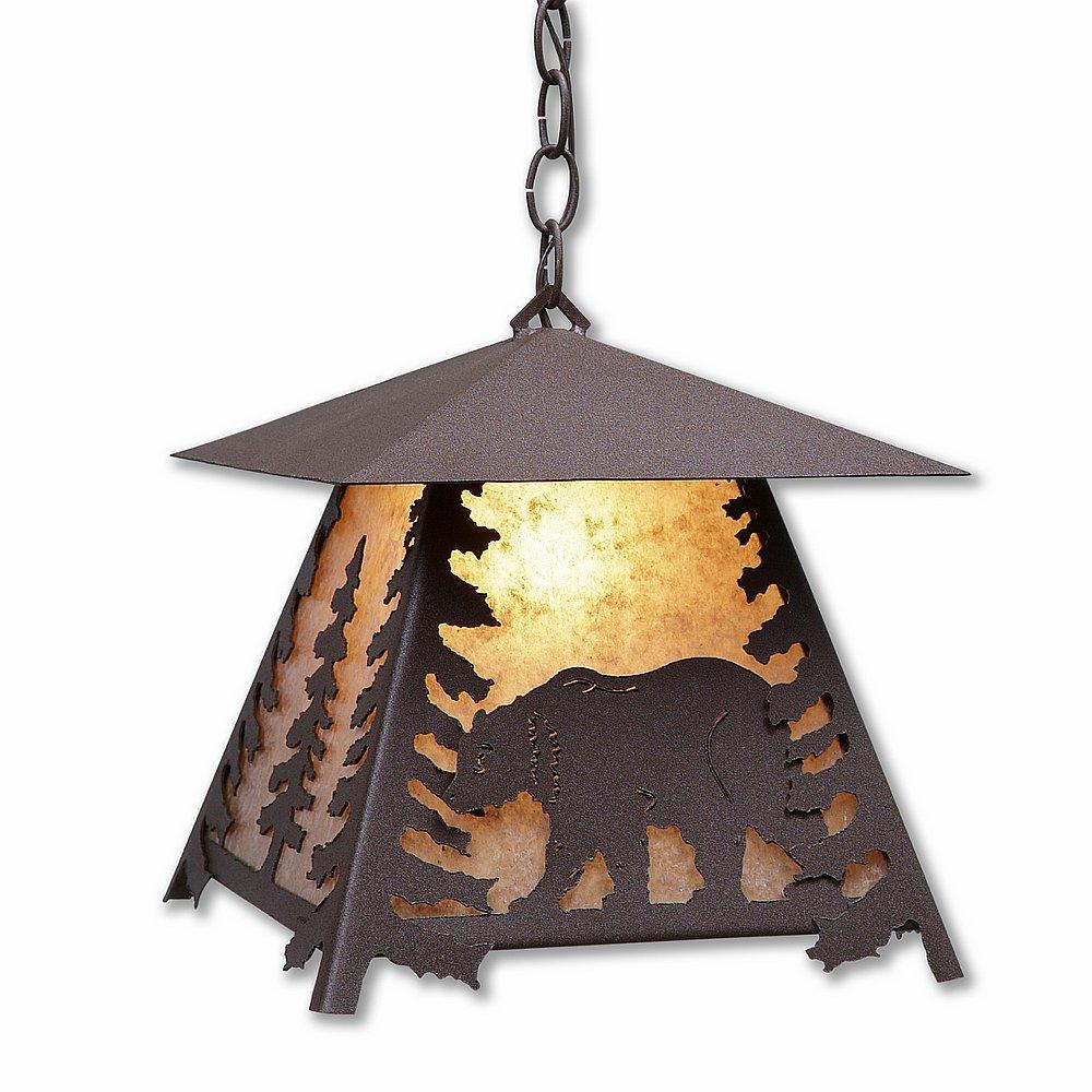 Smoky Mountain Pendant Large - Mountain Bear - Almond Mica Shade - Rustic Brown Finish - Chain