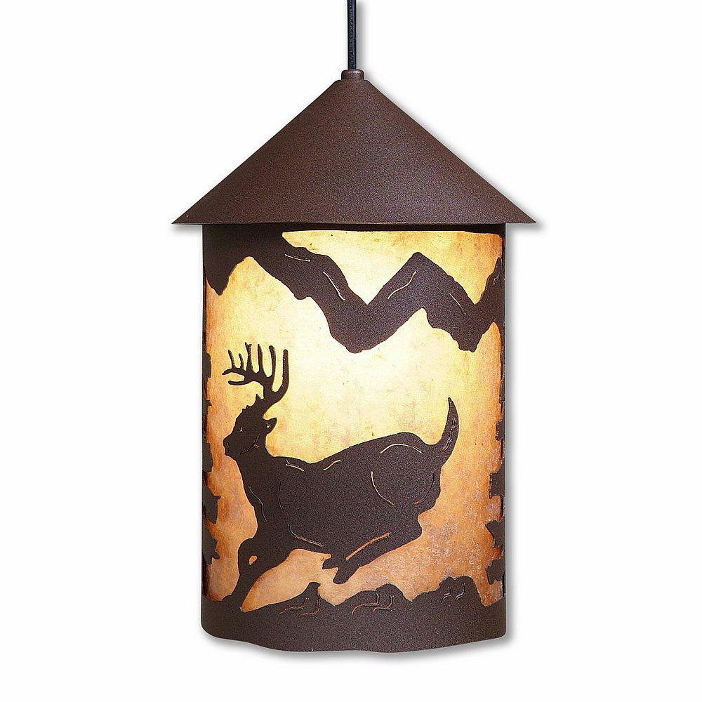 Cascade Pendant Large - Mountain Deer - Almond Mica Shade - Rustic Brown Finish - Adjustable Stem