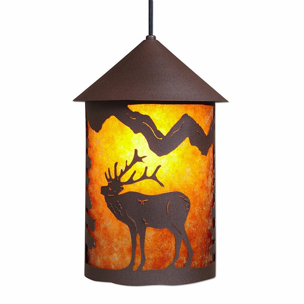 Cascade Pendant Large - Mountain Elk - Amber Mica Shade - Rustic Brown Finish - Adjustable Stem