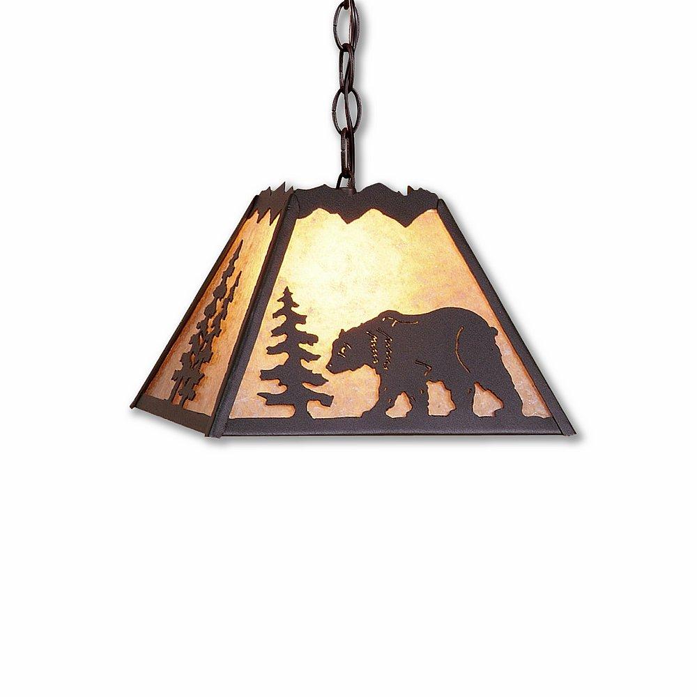 Rocky Mountain Pendant Small - Mountain Bear - Almond Mica Shade - Rustic Brown Finish - Chain