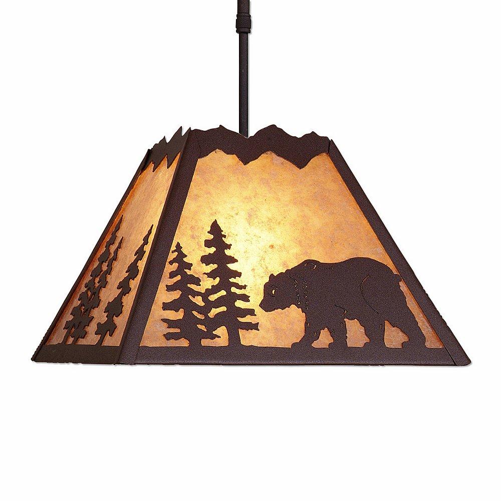 Rocky Mountain Pendant Large - Mountain Bear - Almond Mica Shade - Rustic Brown Finish