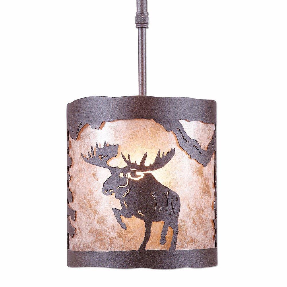 Kincaid Pendant Small - Alaska Moose - Almond Mica Shade - Rustic Brown Finish - Adjustable Stem