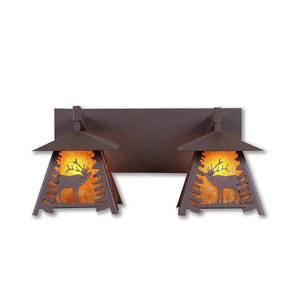 Smoky Mountain Double Bath Vanity Light - Mountain Elk - Amber Mica Shade - Rustic Brown Finish