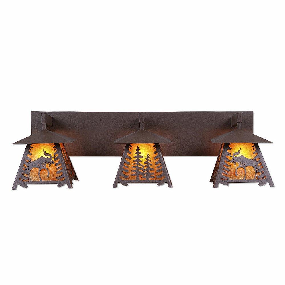 Smoky Mountain Triple Bath Vanity Light - Mountain Moose - Amber Mica Shade - Rustic Brown Finish