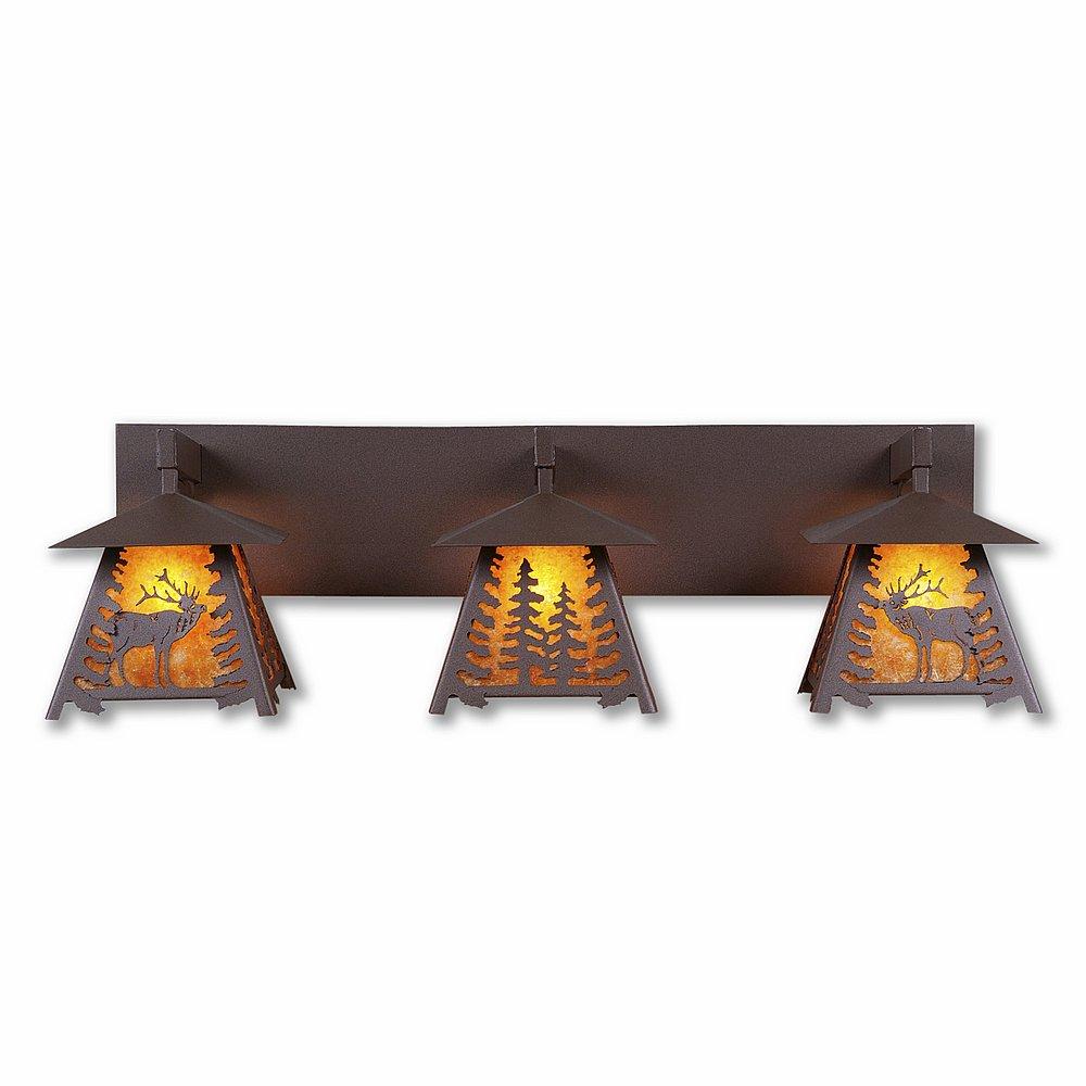 Smoky Mountain Triple Bath Vanity Light - Mountain Elk - Amber Mica Shade - Rustic Brown Finish