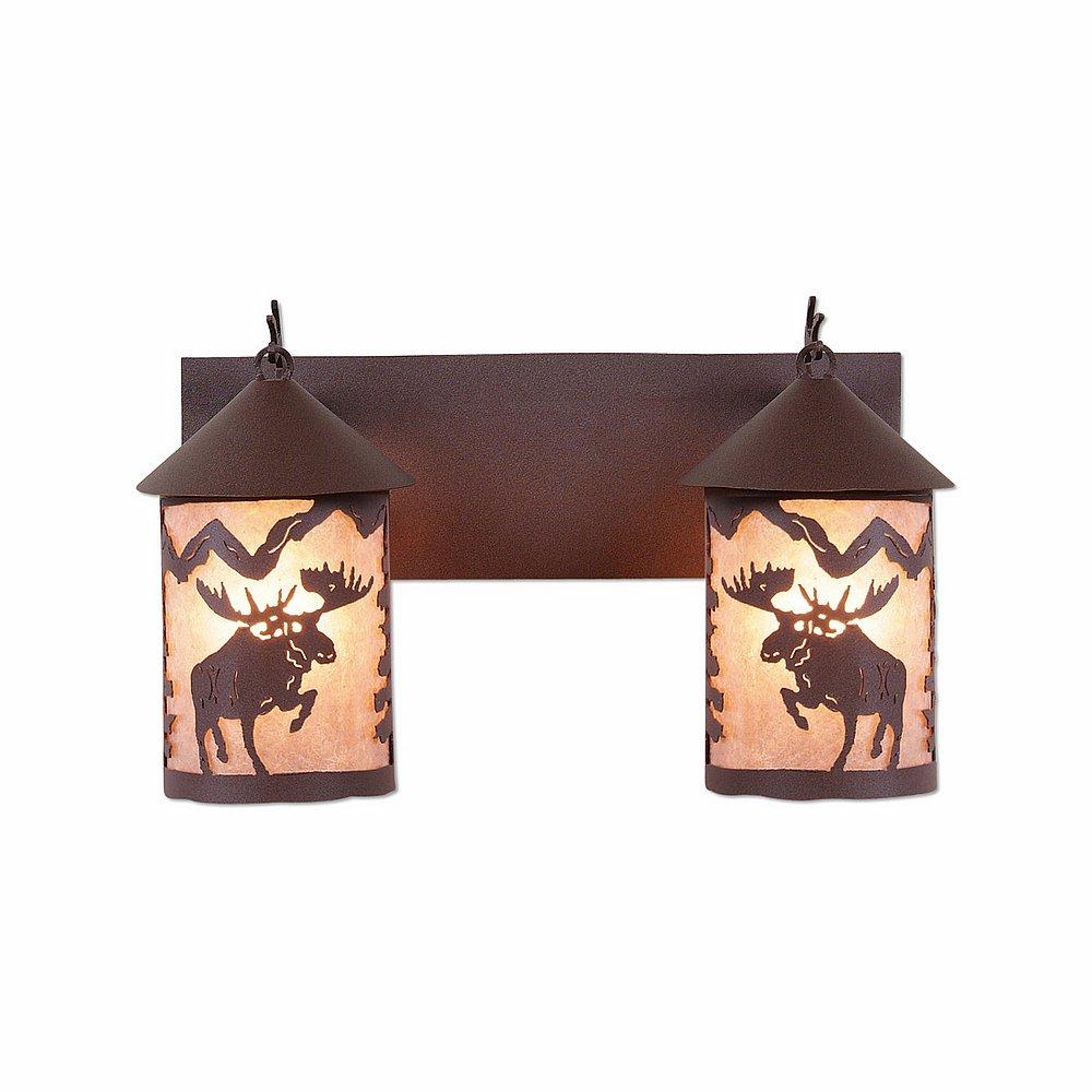 Cascade Double Bath Vanity Light - Alaska Moose - Almond Mica Shade - Rustic Brown Finish