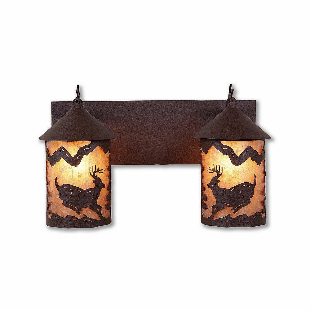 Cascade Double Bath Vanity Light - Mountain Deer - Almond Mica Shade - Rustic Brown Finish