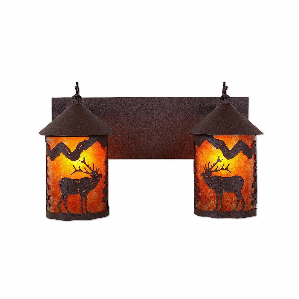 Cascade Double Bath Vanity Light - Mountain Elk - Amber Mica Shade - Rustic Brown Finish