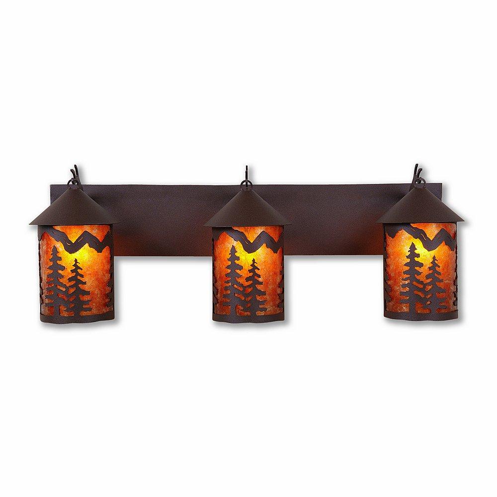 Cascade Triple Bath Vanity Light - Spruce Tree - Amber Mica Shade - Rustic Brown Finish