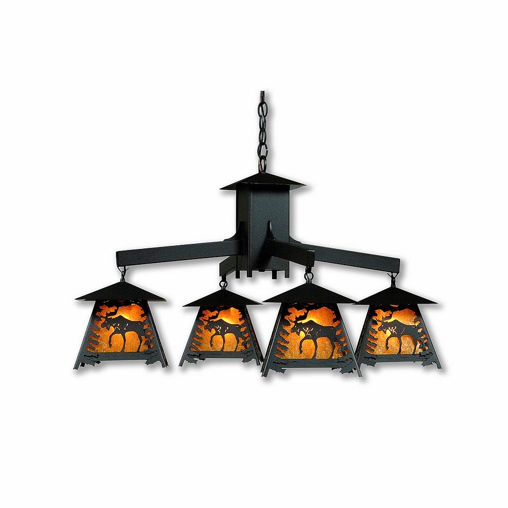 Smoky Mountain 4 Light Chandelier - Mountain Moose - Amber Mica Shade - Black Iron Finish